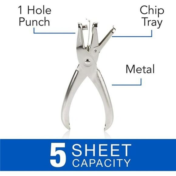 1 Hole Punch 5 Sheet Capacity Hole Puncher Single Hole Paper Punch Chrome (74005 - Picture 4 of 7